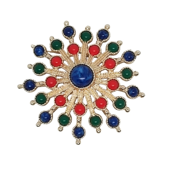 Sarah Coventry Jewelry - SARAH COVENTRY 1970 "CARNIVAL" BLUE GREEN & RED CABACHON STARBURST BROOCH